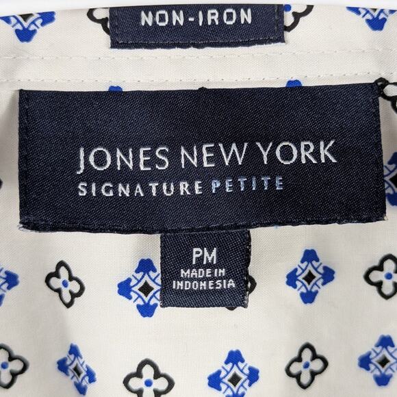 Jones New York Signature Petite Medium Non Iron Shirt Blue Print Cotton Blouse - Picture 2 of 4